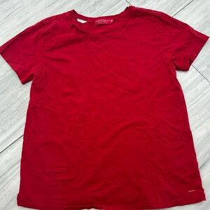 red philanthropy tee with rip detail at neck great condition
